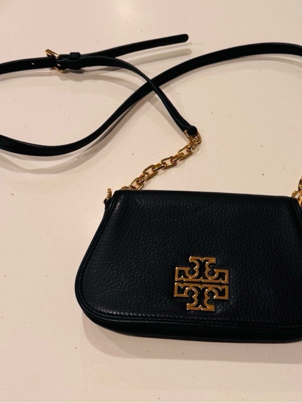 Tory Burch Black Leather Crossbody with Gold Logo Chain